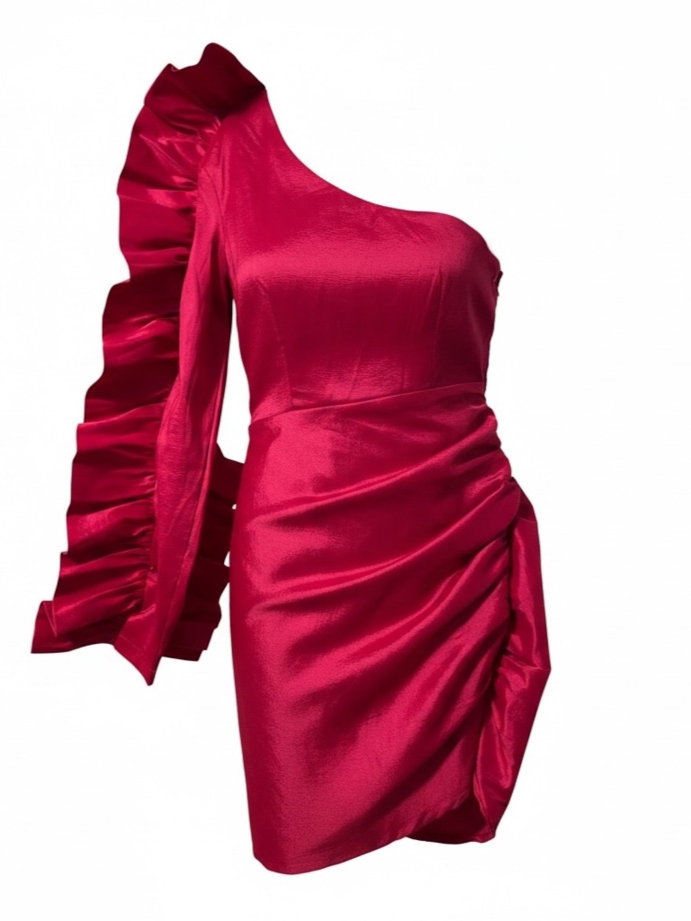 Boohoo Satin Puff One Shoulder Mini Dress in Hot Pink/Fuchsia (GZZ17719)